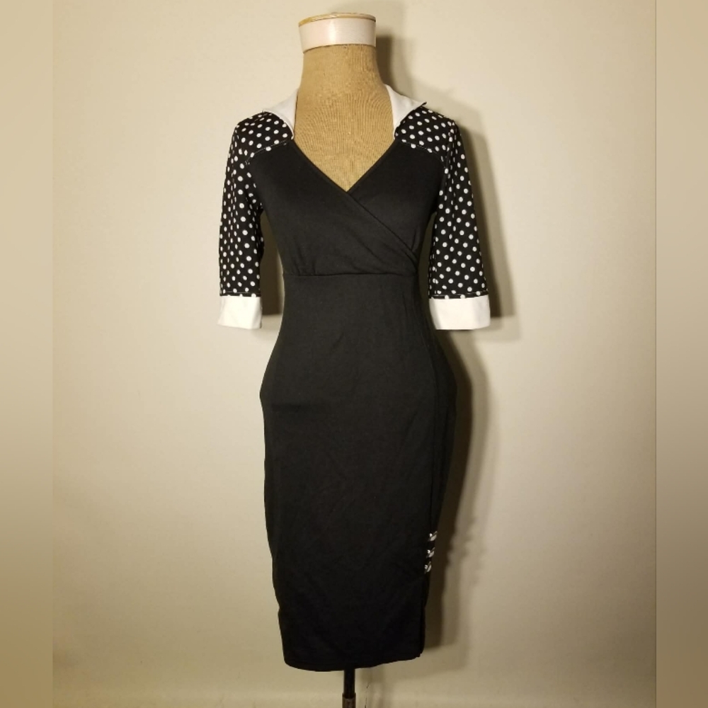 Viwenni Black & White Polka Dot Pinup Pencil Dress Size Small